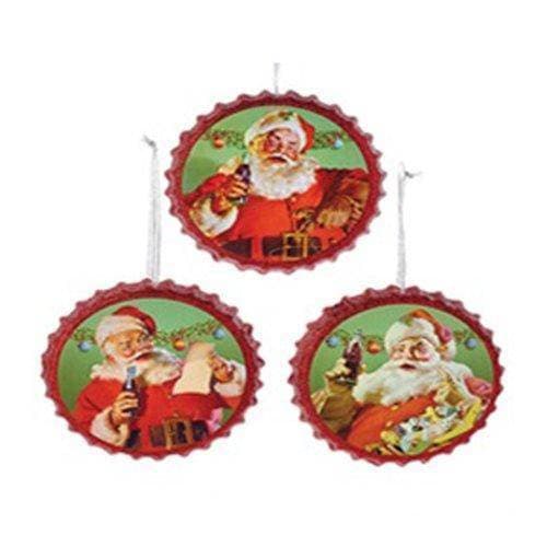 Kurt Adler - Coca Cola Ornament - Choose your Style Santa Bottle Cap 4.25 Inch - Set of 3
