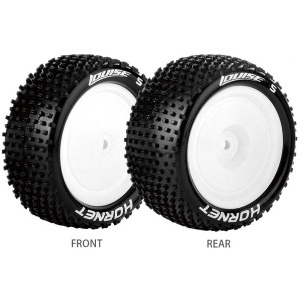 Louise R/C - E-Hornet 1/10 4WD Front Buggy Tire, Soft, Mounted on White Rim, for Kyosho 12mm Hex