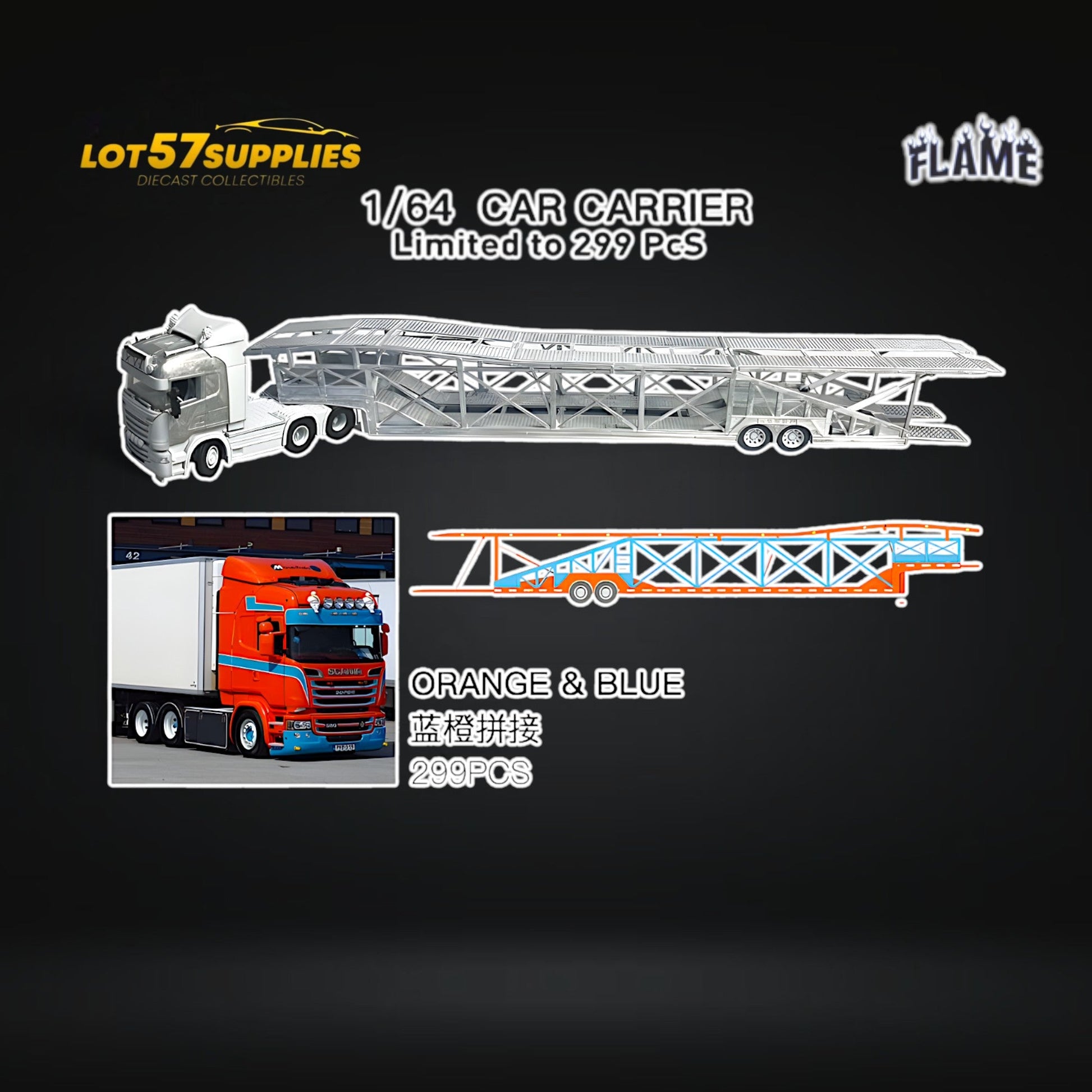 (Pre-Order) Flame Scania Car Carrier Transport Truck Orange Blue 1:64 - Limited to 299 Pcs