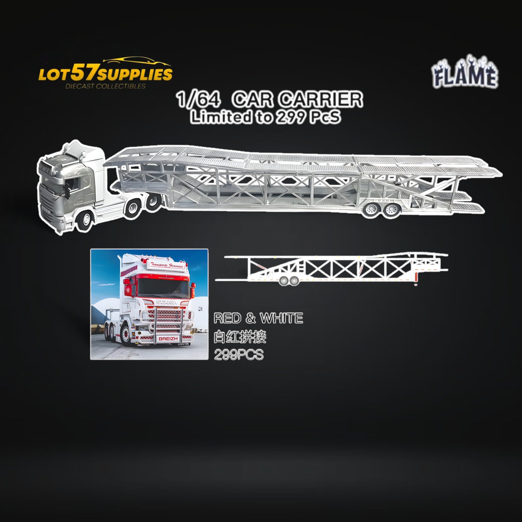 (Pre-Order) Flame Scania Car Carrier Transport Truck Red White 1:64 - Limited to 299 Pcs Main image