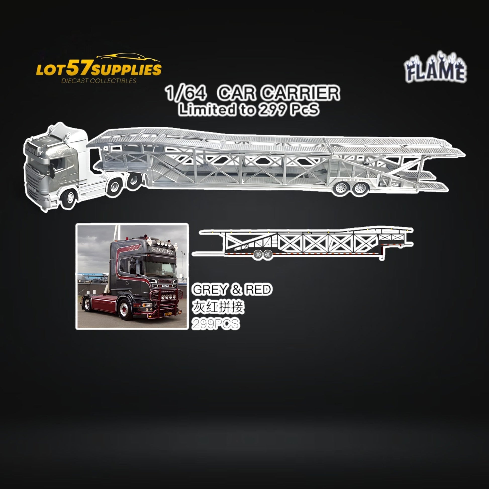 (Pre-Order) Flame Scania Car Carrier Transport Truck Grey Red 1:64 - Limited to 299 Pcs