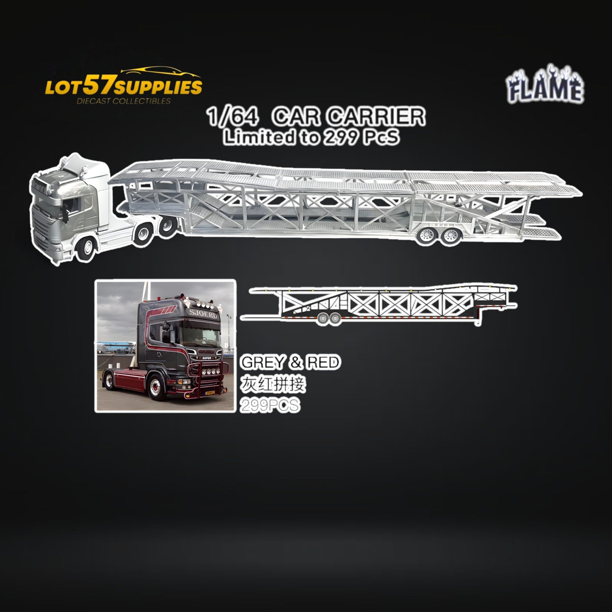 (Pre-Order) Flame Scania Car Carrier Transport Truck Grey Red 1:64 - Limited to 299 Pcs - Collectors World Toys
