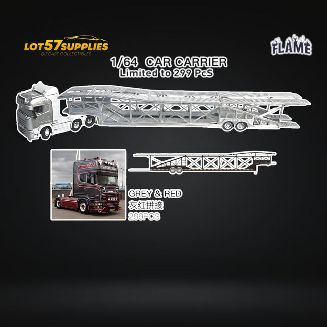 (Pre-Order) Flame Scania Car Carrier Transport Truck Grey Red 1:64 - Limited to 299 Pcs - Collectors World Toys Hover Image