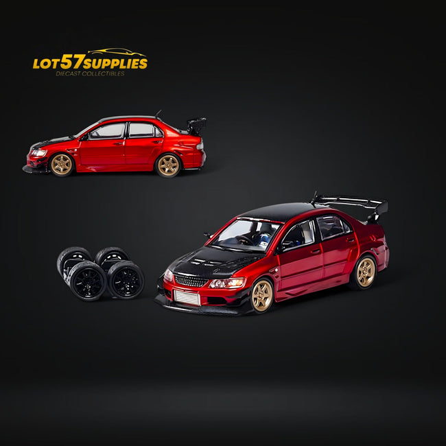 CM Model Mitsubishi Lancer Evolution IX Widebody Metallic Red Carbon Hood 1:64 - Collectors World Toys Hover Image