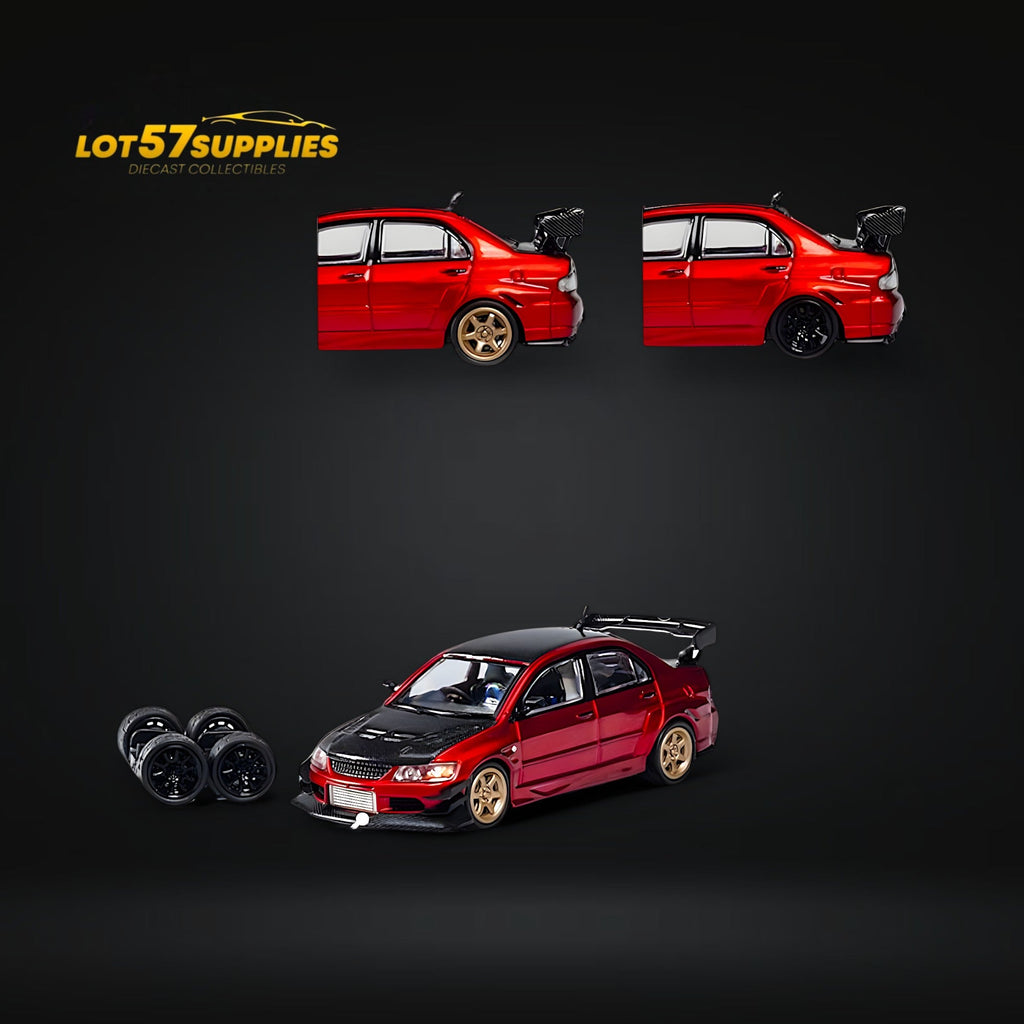CM Model Mitsubishi Lancer Evolution IX Widebody Metallic Red Carbon Hood 1:64 - Collectors World Toys