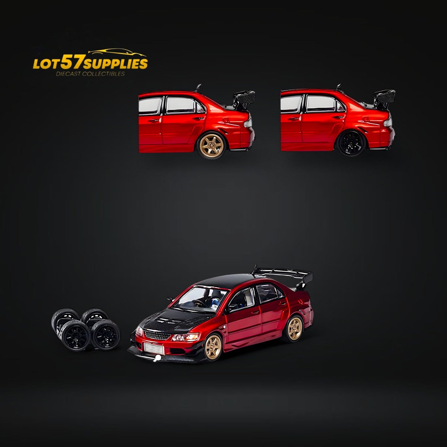 CM Model Mitsubishi Lancer Evolution IX Widebody Metallic Red Carbon Hood 1:64