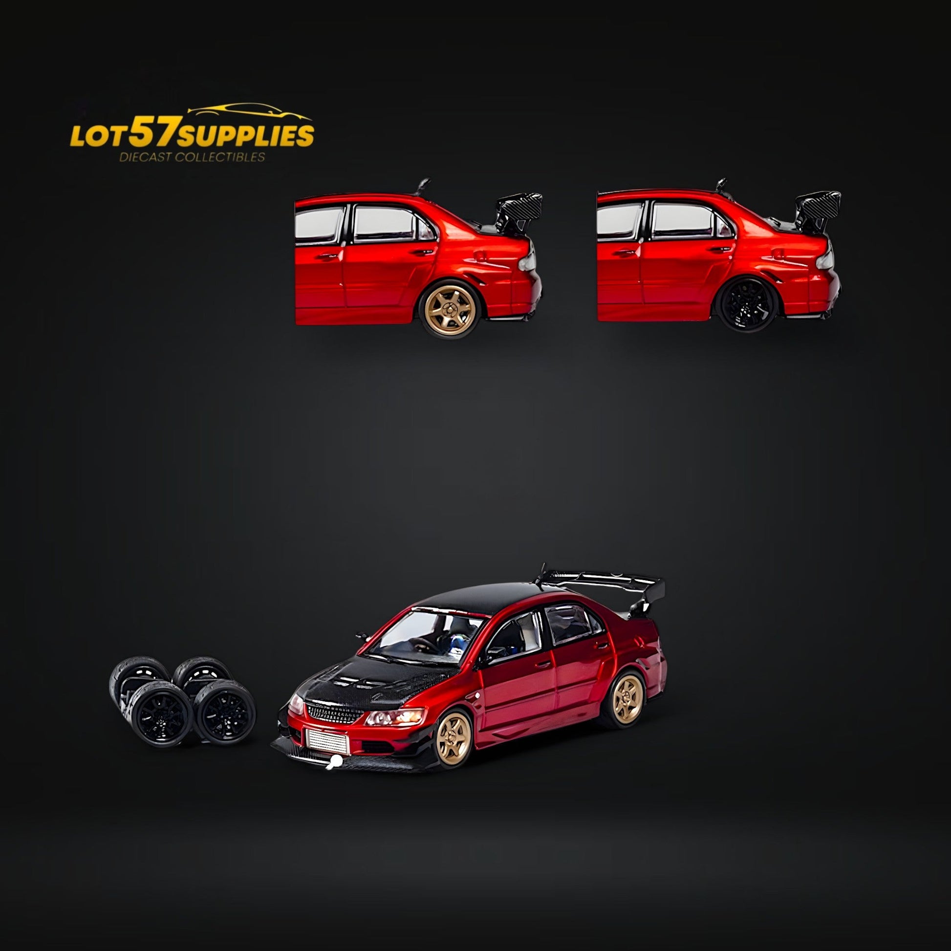 CM Model Mitsubishi Lancer Evolution IX Widebody Metallic Red Carbon Hood 1:64