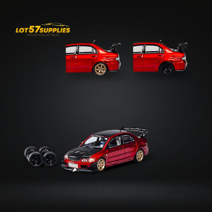 CM Model Mitsubishi Lancer Evolution IX Widebody Metallic Red Carbon Hood 1:64