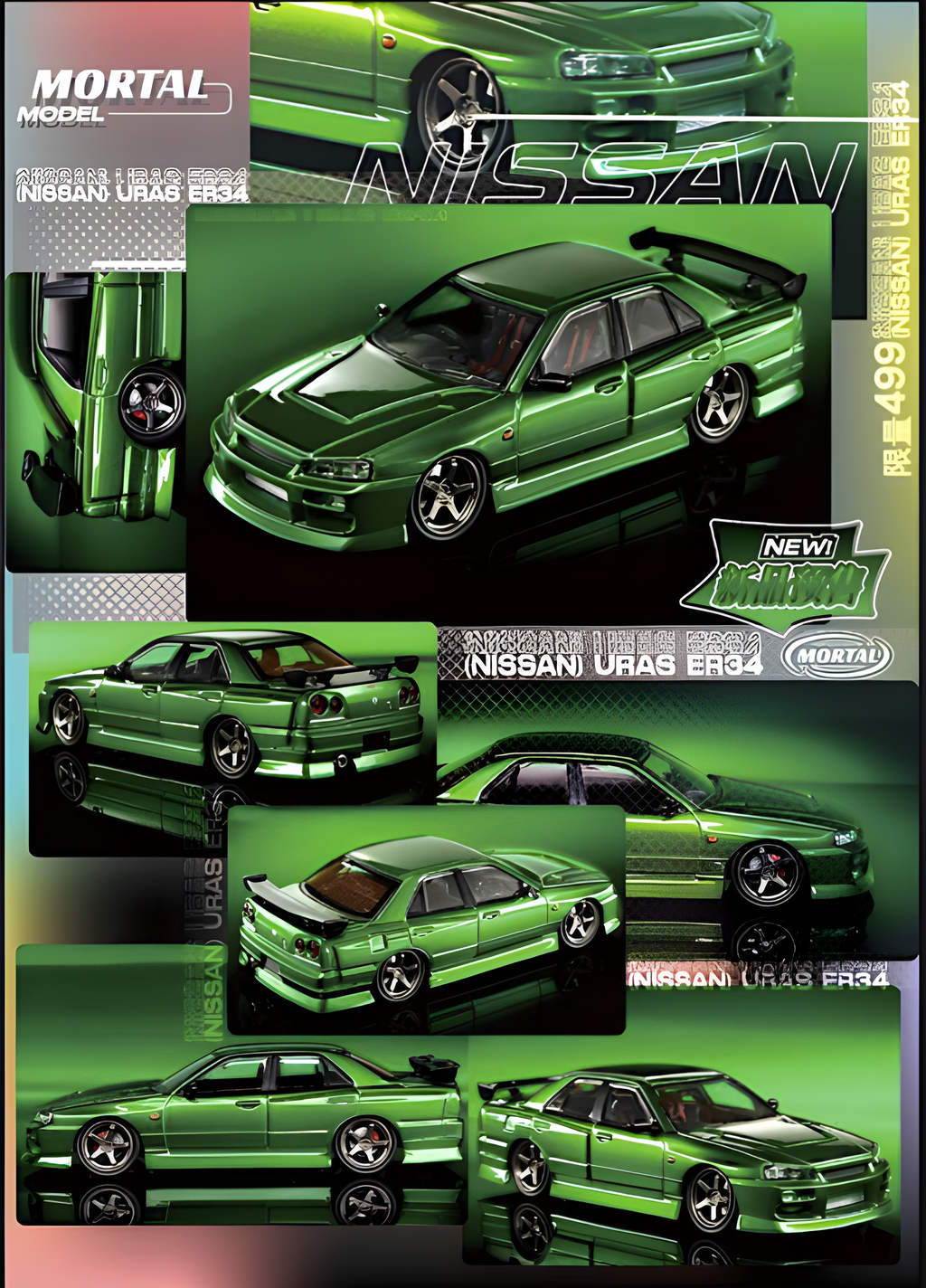 Mortal ER34 SKYLINE URAS Transparent Metallic Green 1:64 - Collectors World Toys