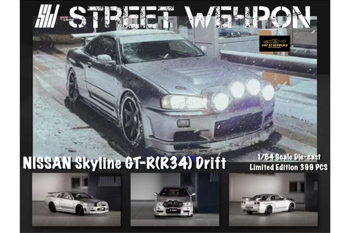 Street Weapon Nissan (R34) GT-R in Silver Snow Drift 1:64 - Collectors World Toys