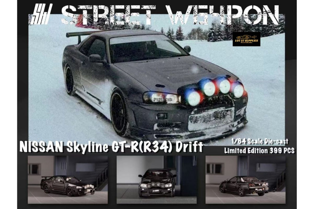 Street Weapon Nissan (R34) GT-R in Black Snow Drift 1:64 - Collectors World Toys