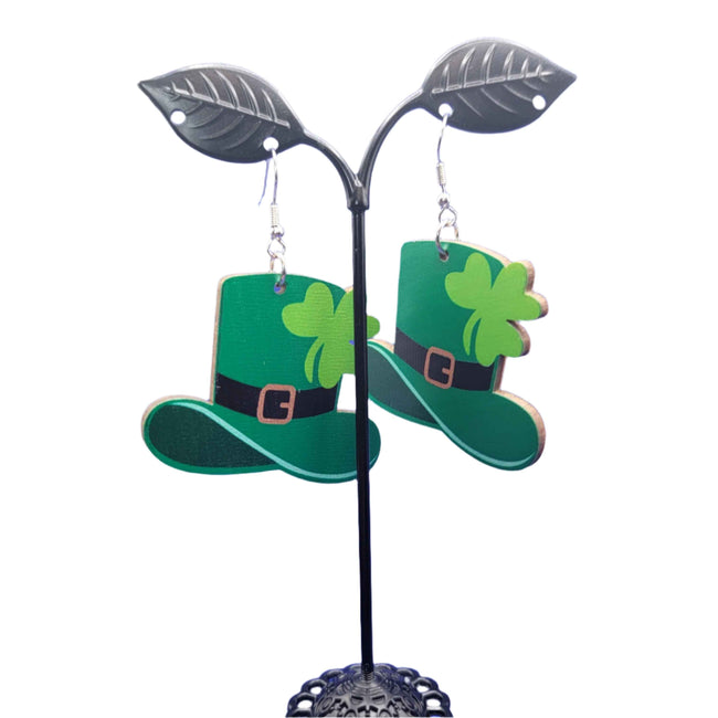 Green Top Hat with a shamrock Earrings Hover Image