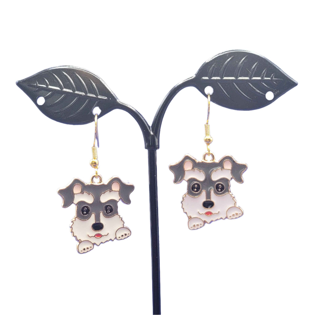Grey and white dog earrings
