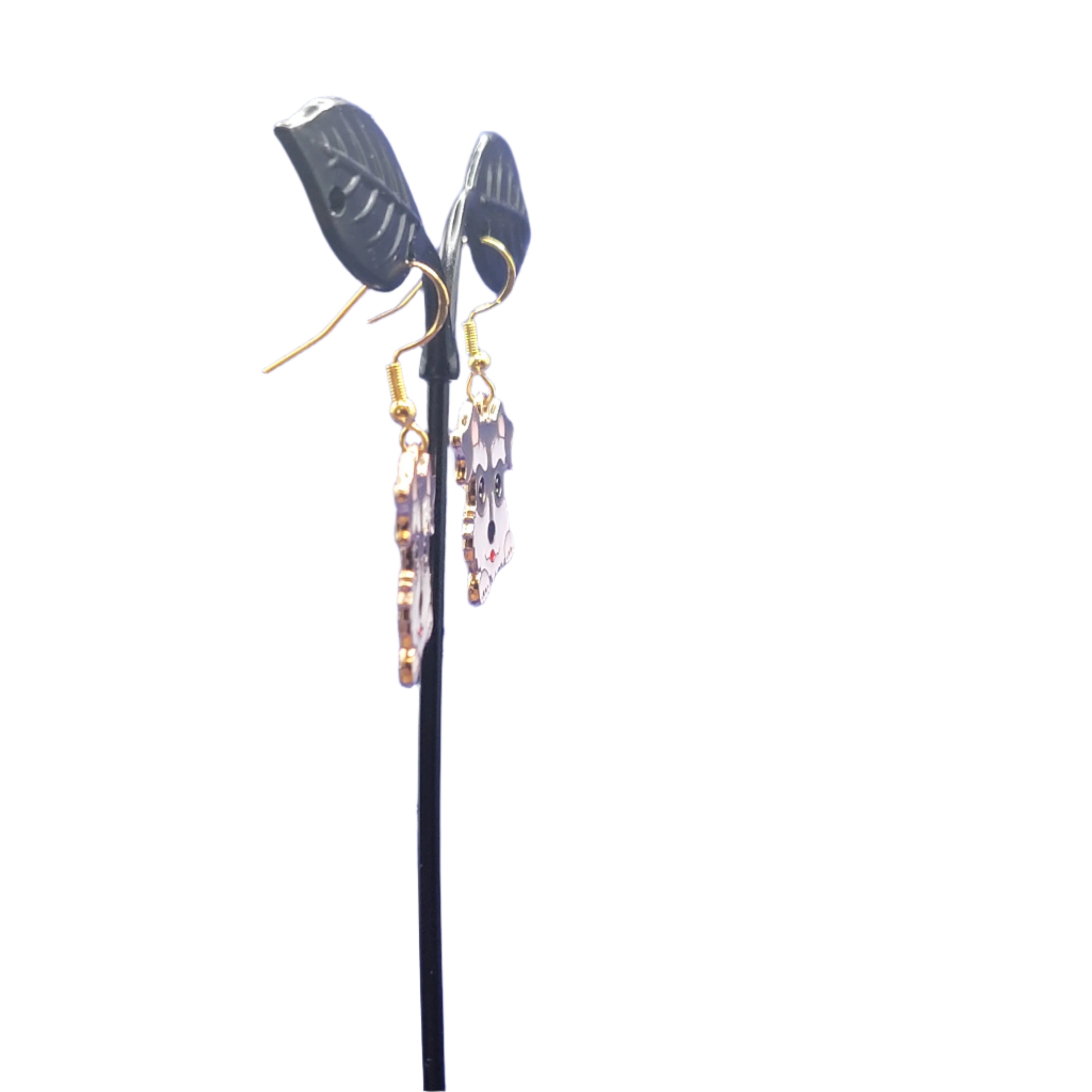 Grey and white dog earrings