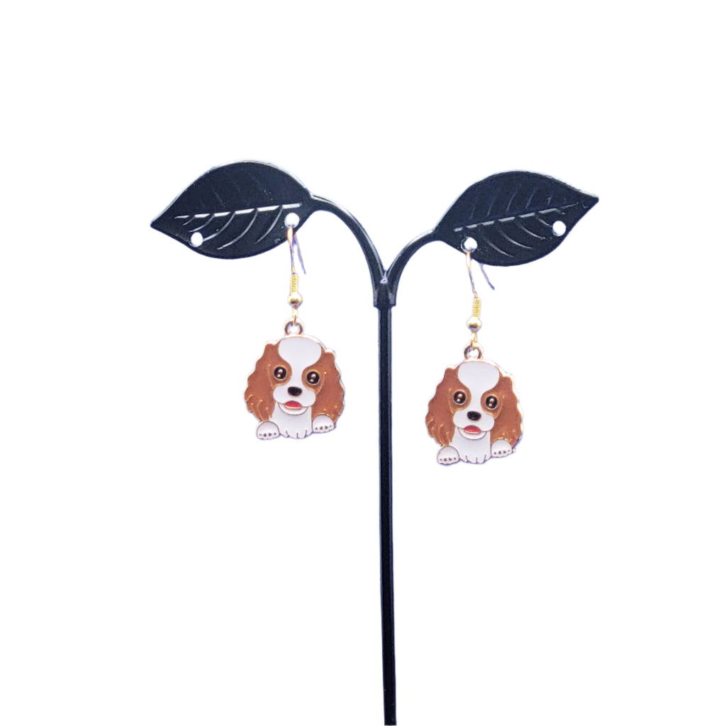 Brown and white dog earrings