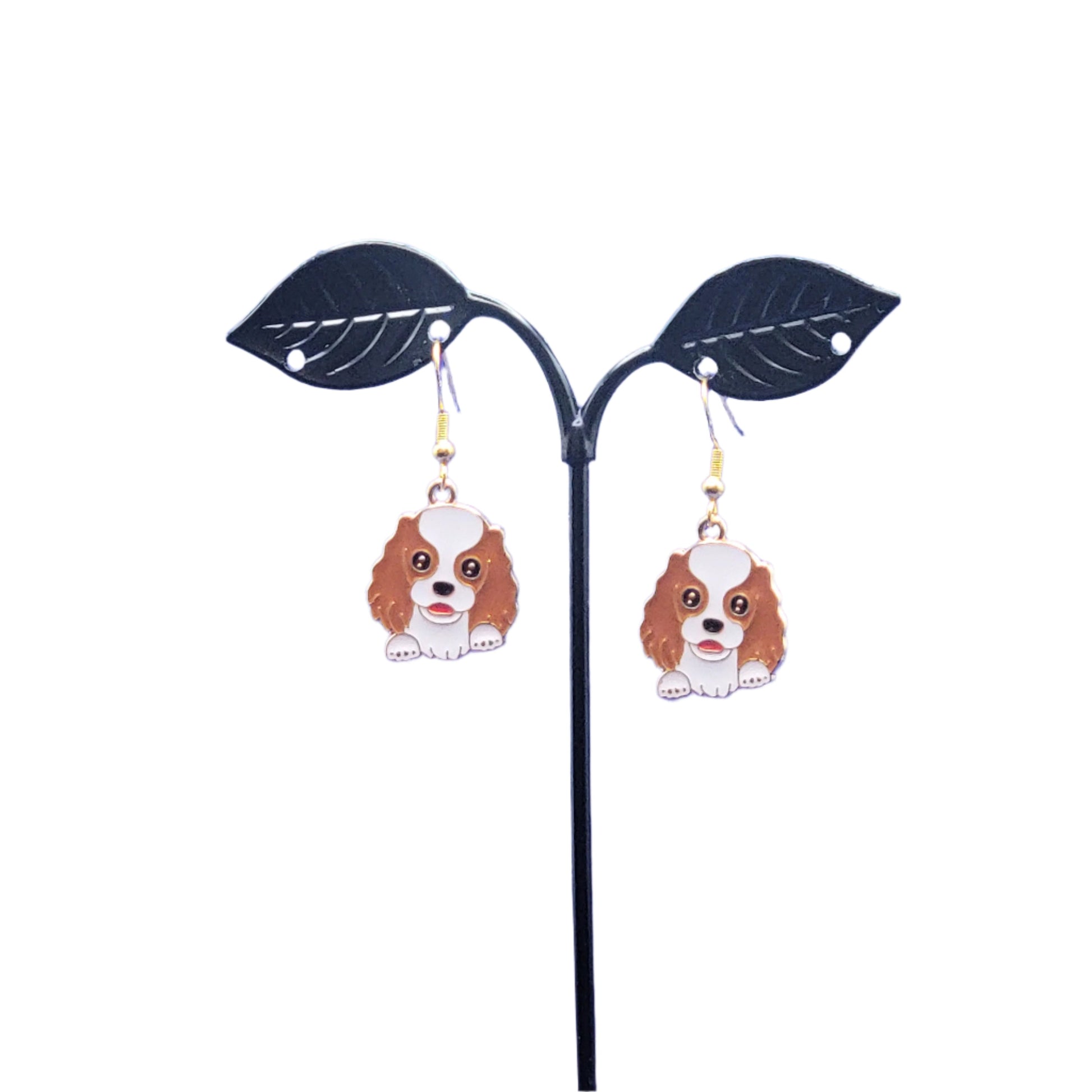 Brown and white dog earrings