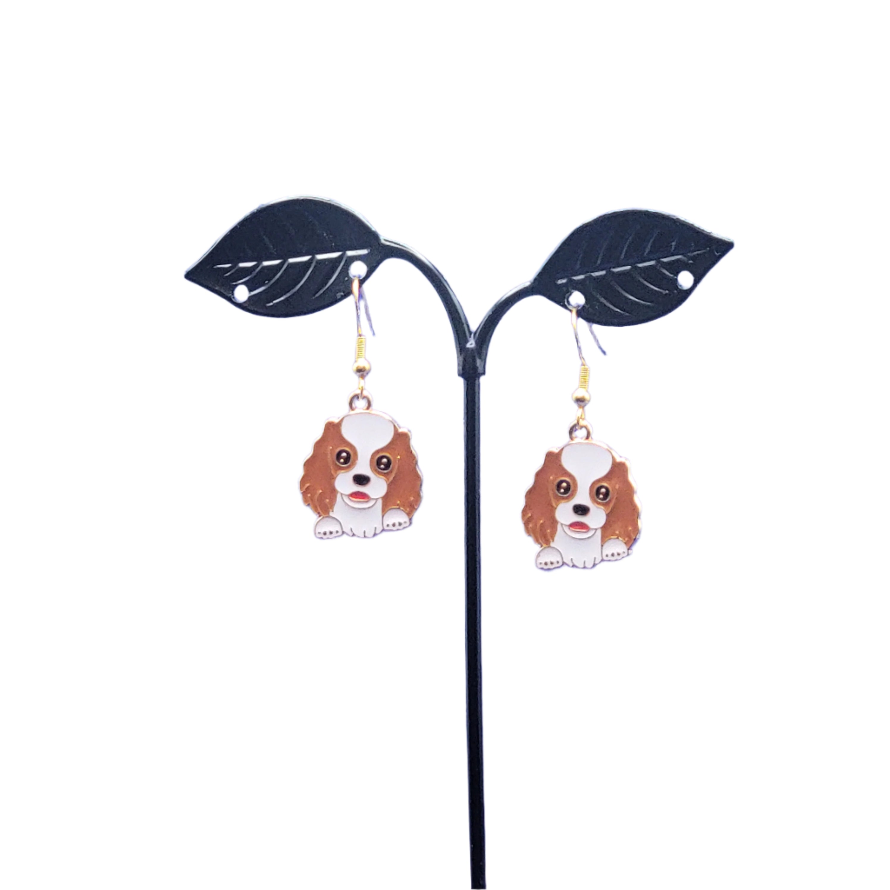 Brown and white dog earrings