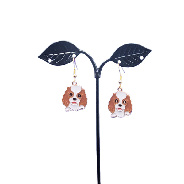 Brown and white dog earrings