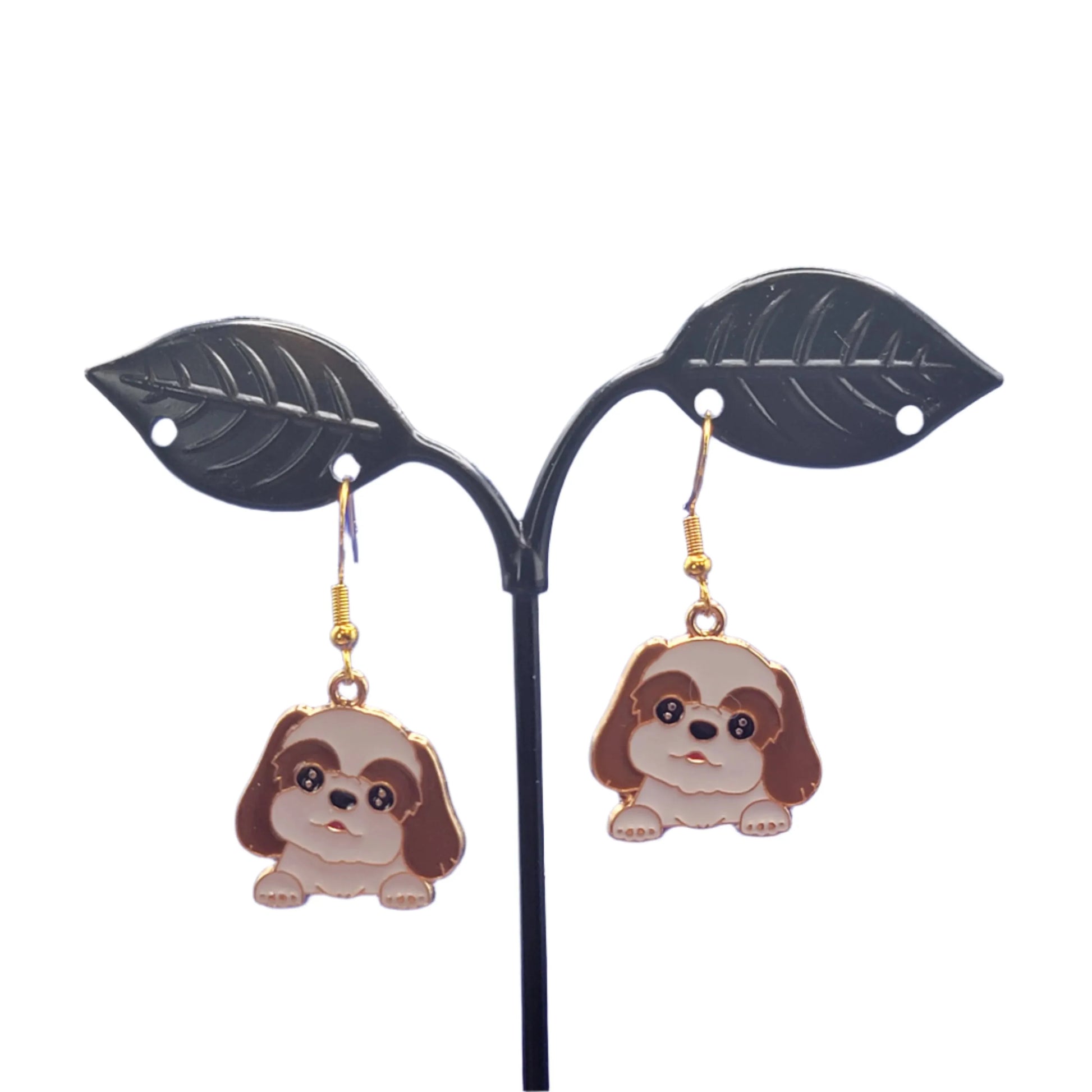 Brown and white dog earrings