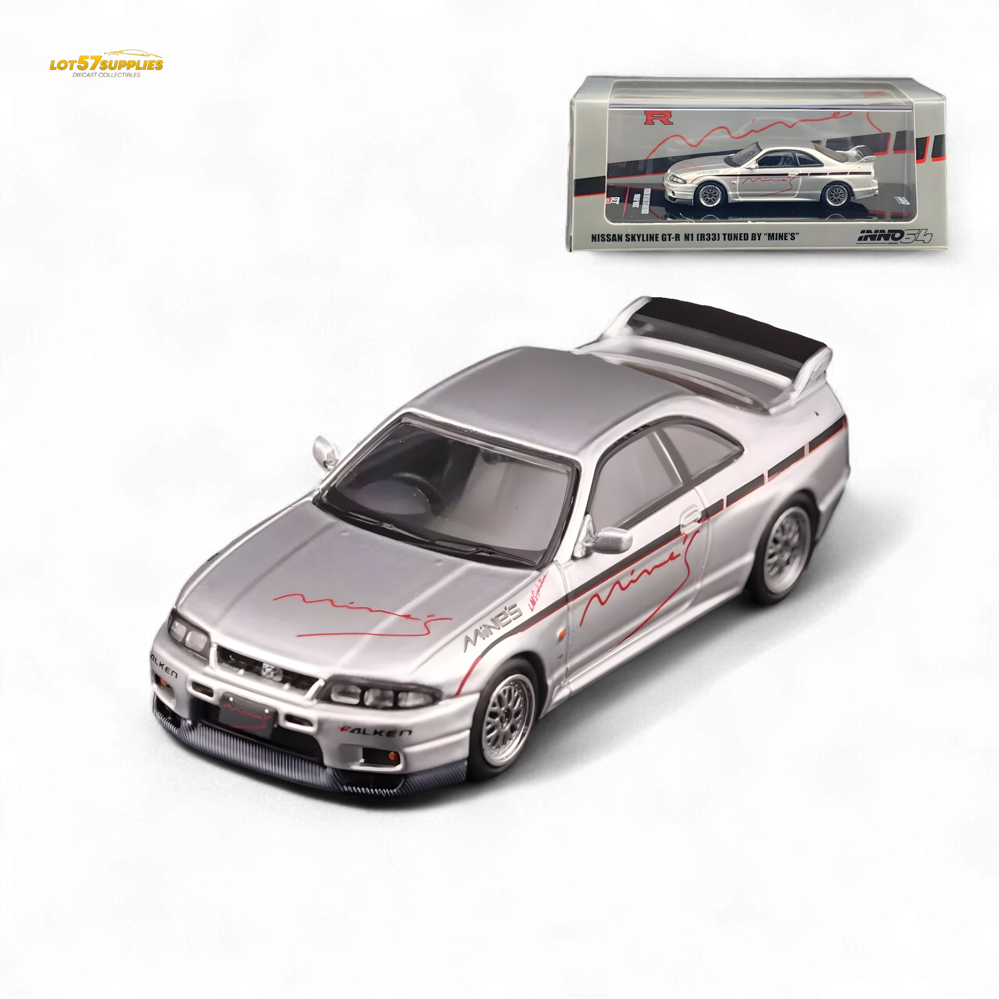 Inno64 NISSAN SKYLINE GR-R (R33) "Tuned by Mine's" Silver 1:64 Main image