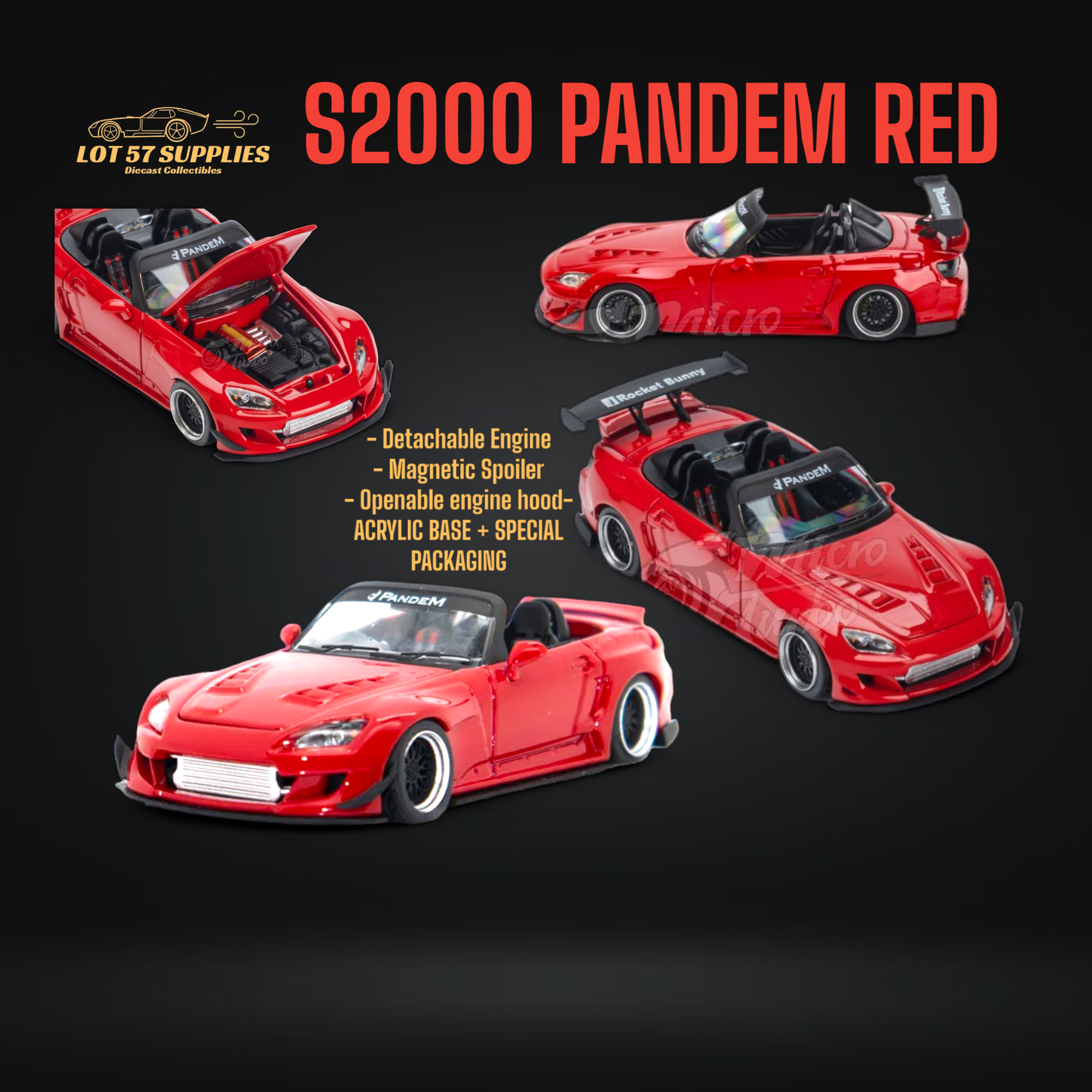 Microturbo Honda S2000 Roadster Pandem Rocket Bunny Aero Kit in Red 1:64 Main image
