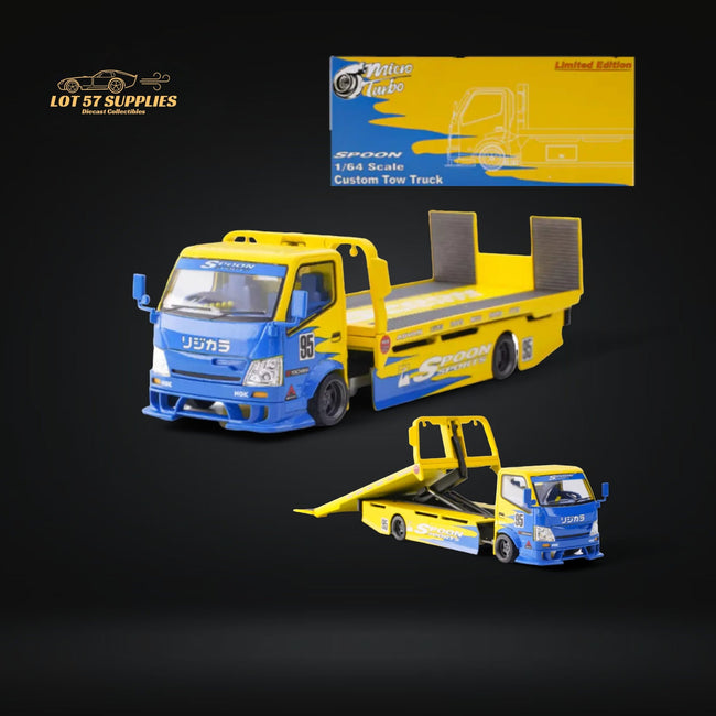 MicroTurbo HINO 300 Custom Flatbed Tow Truck Spoon Livery 1:64 - Collectors World Toys Hover Image