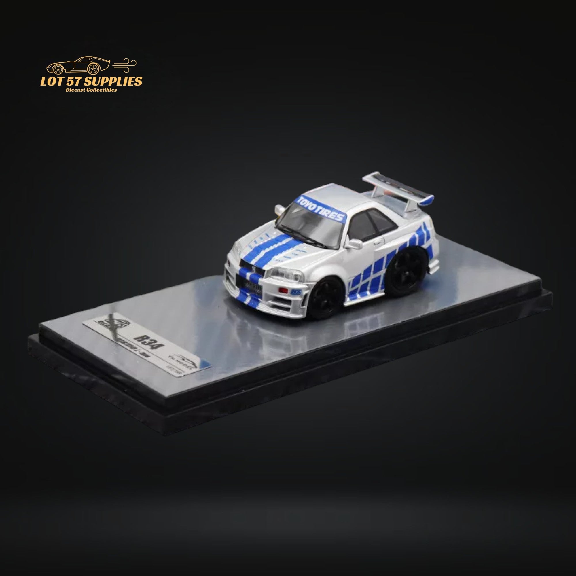 YM model X QCAR Skyline R34 Silver Blue F&F Livery Resin 1:64 Main image