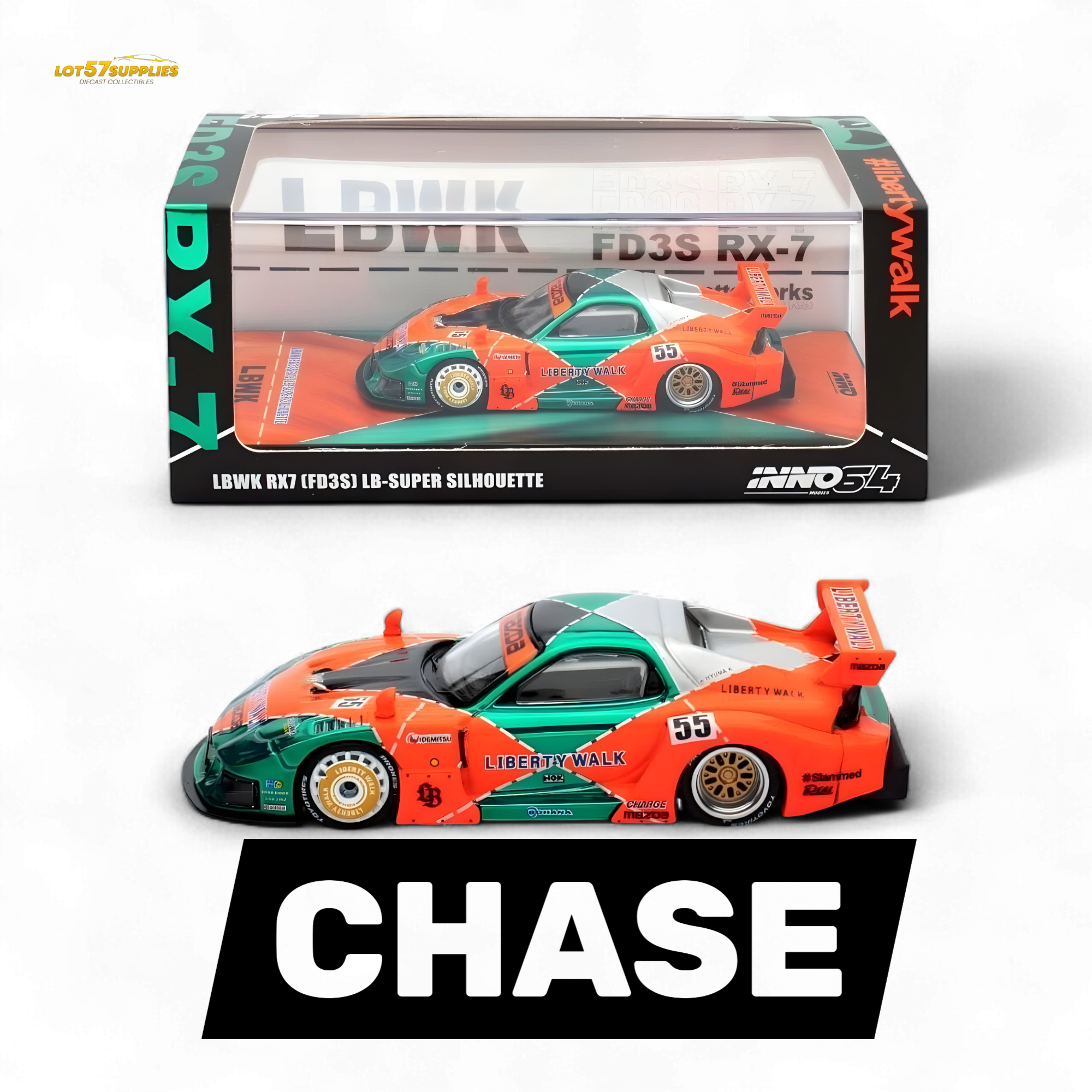 Inno64 CHASE Mazda RX-7 LBWK FD3S Orange/Green MDX 24' 1:64 Main image