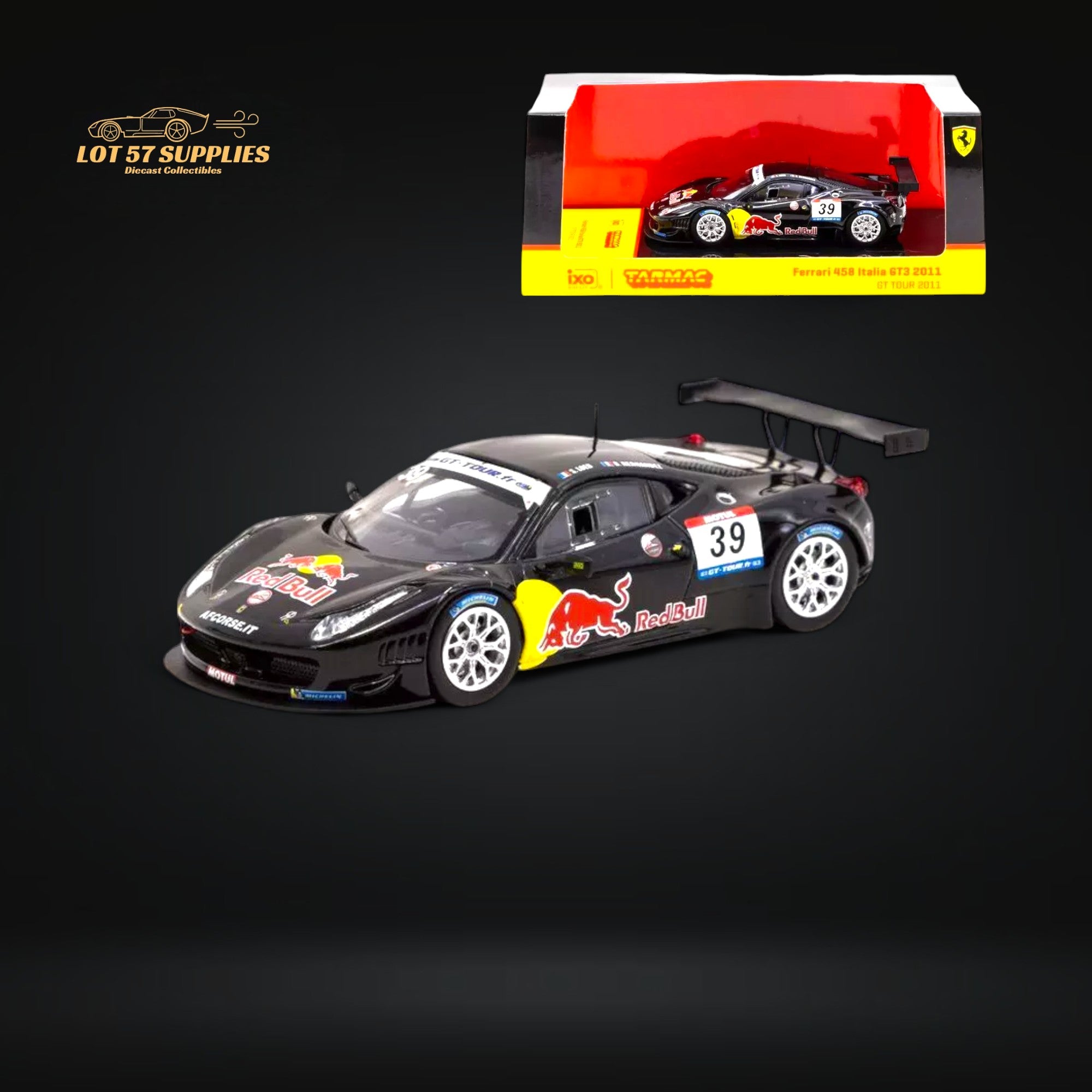 Tarmac Works Hobby64 Ferrari 458 Italia GT3 #39 GT TOUR 2011 Red Bull 1:64 - Collectors World Toys