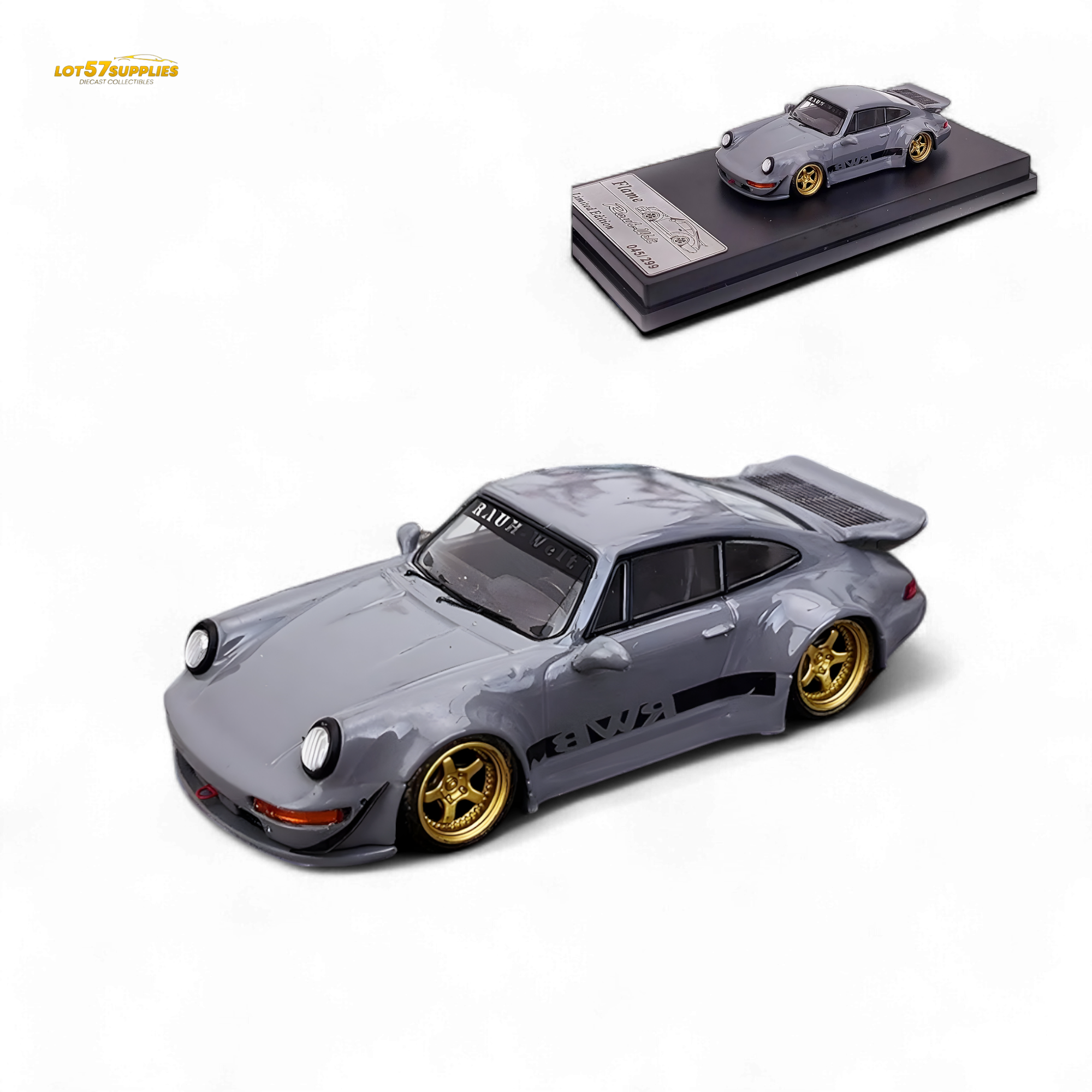Flame Porsche 964 RWB Whale Tale in Cement Gray 1:64 Main image