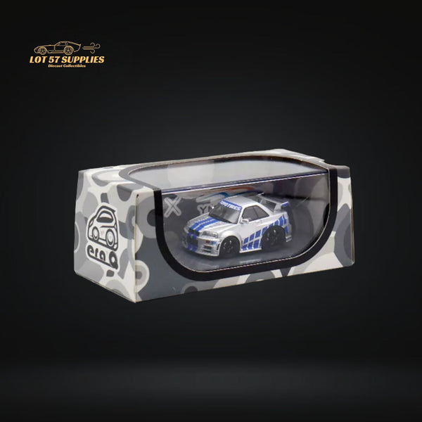 YM model X QCAR Skyline R34 Silver Blue F&F Livery Resin 1:64