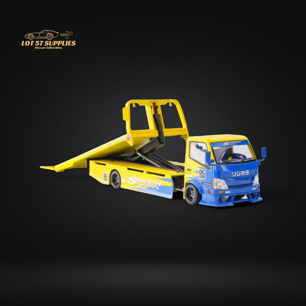 MicroTurbo HINO 300 Custom Flatbed Tow Truck Spoon Livery 1:64 - Collectors World Toys