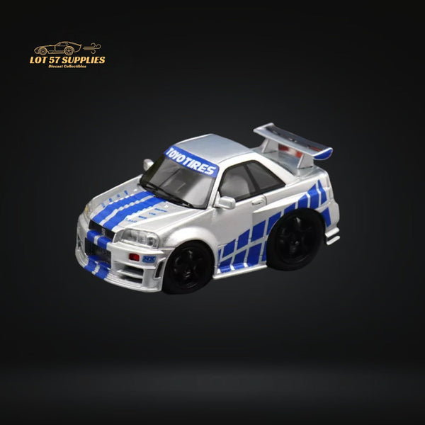 YM model X QCAR Skyline R34 Silver Blue F&F Livery Resin 1:64