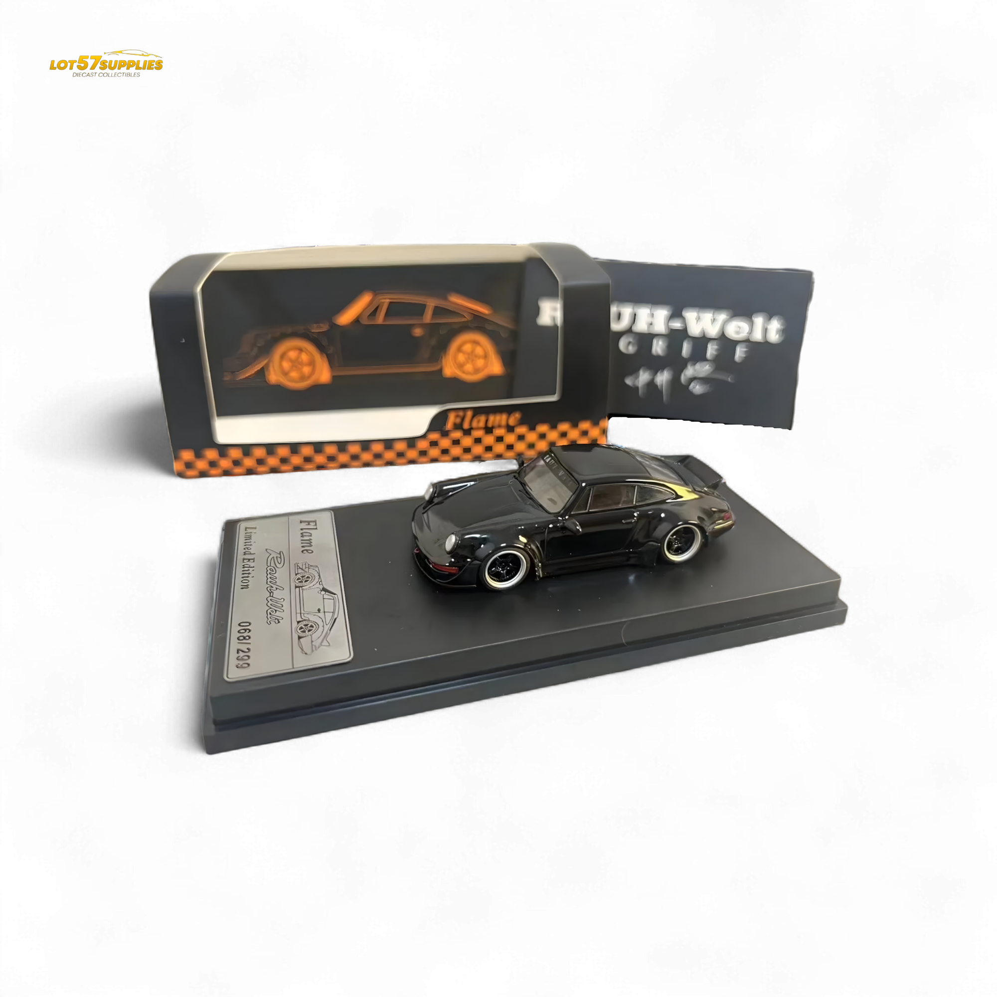 Flame Porsche 964 RWB Ducktail in Gloss Black 1:64 Main image