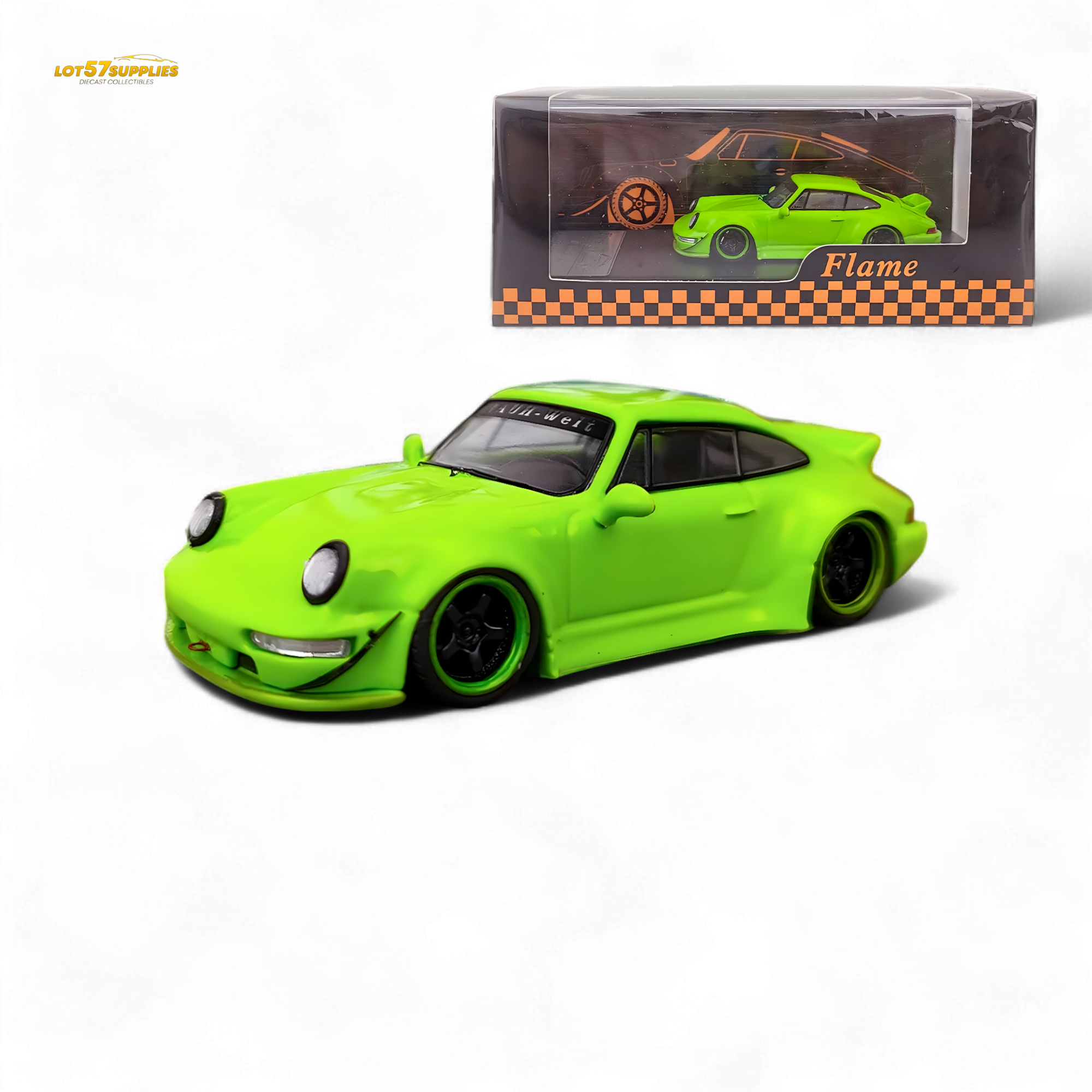 Flame Porsche 964 RWB Ducktail in Fluorescent Green 1:64 Main image