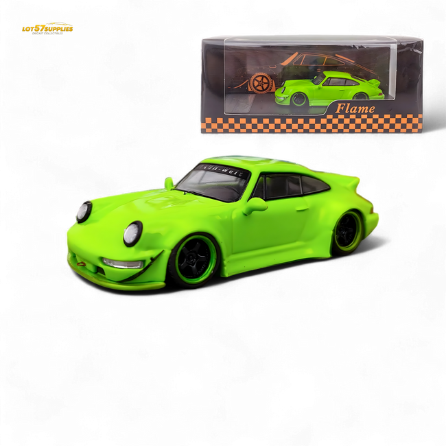Flame Porsche 964 RWB Ducktail in Fluorescent Green 1:64 - Collectors World Toys Hover Image