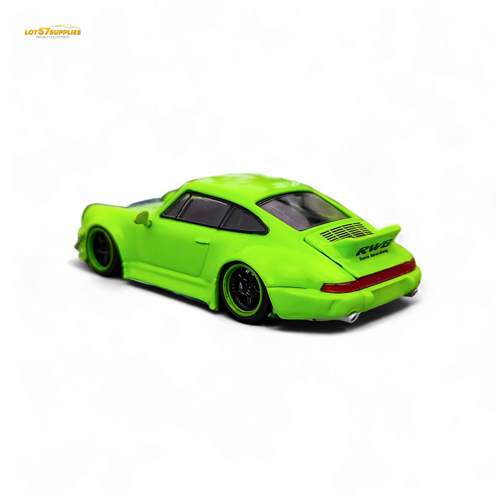 Flame Porsche 964 RWB Ducktail in Fluorescent Green 1:64 - Collectors World Toys