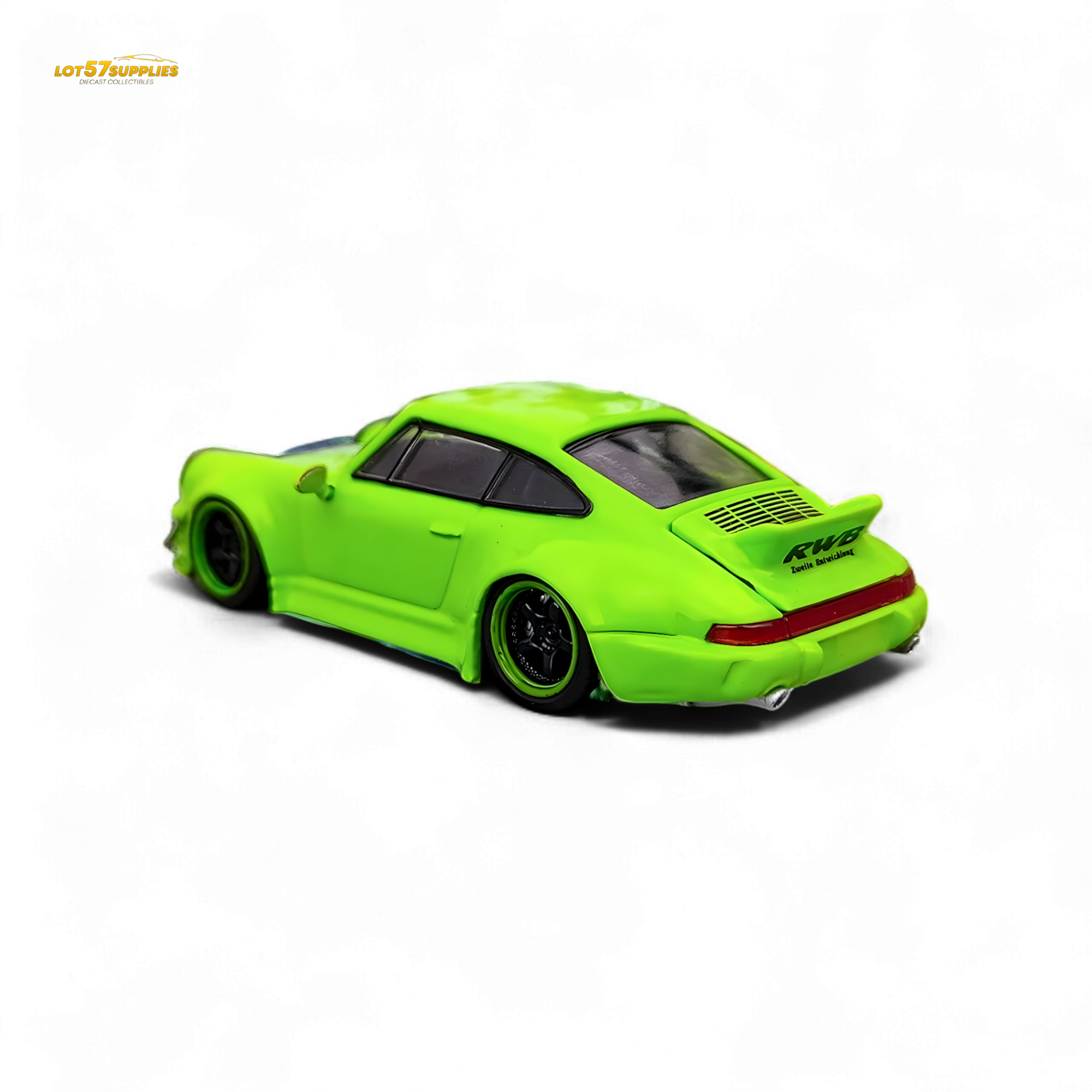 Flame Porsche 964 RWB Ducktail in Fluorescent Green 1:64 - Collectors World Toys