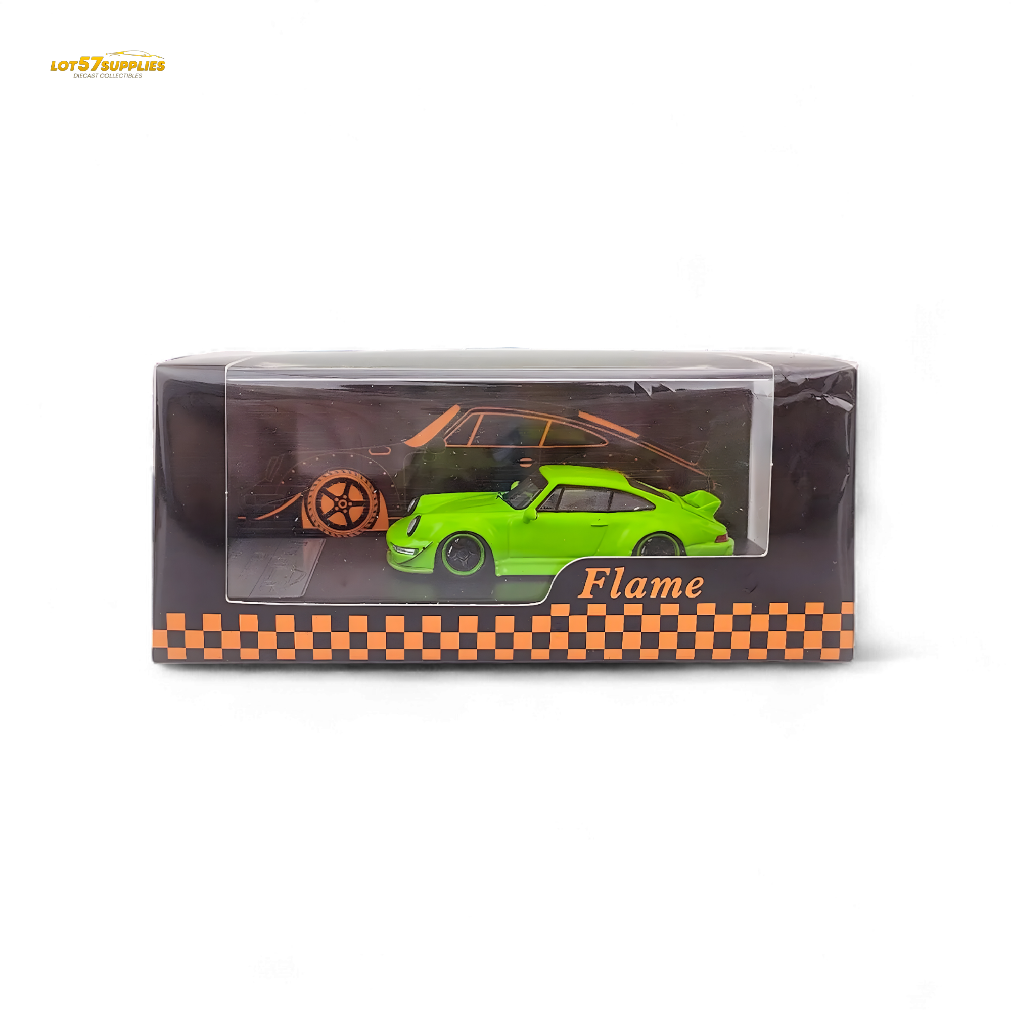 Flame Porsche 964 RWB Ducktail in Fluorescent Green 1:64 - Collectors World Toys