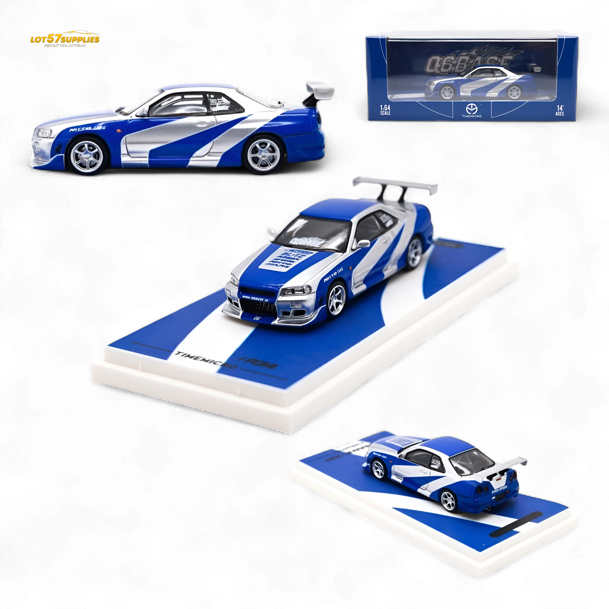 TimeMicro SKYLINE GT-R R34 - Blue Silver Ordinary 1:64 Main image