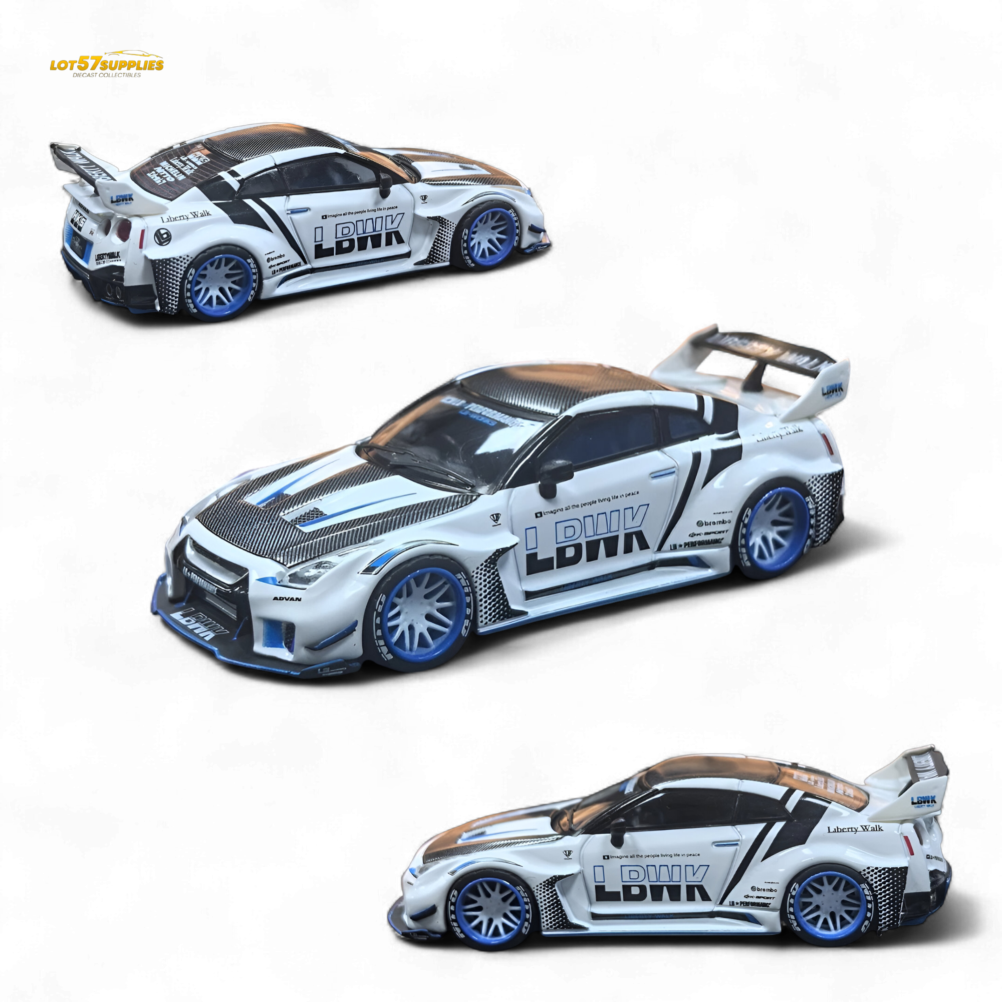 MC LB GTR R35 GT - White Blue Stripe Carbon Roof 1:64 Main image