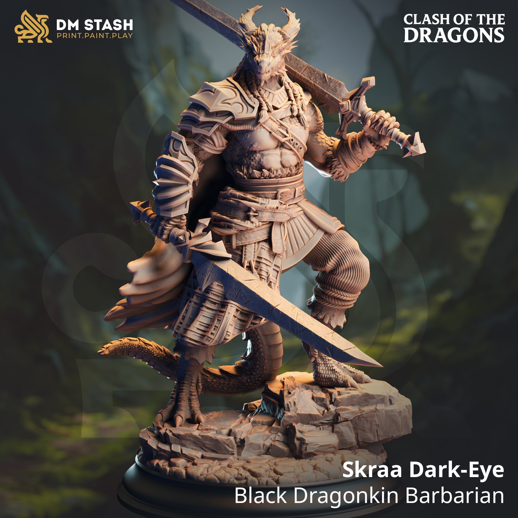 Skraa Dark-Eye, Black Dragonkin Barbarian (Male Dragonborn Barbarian)