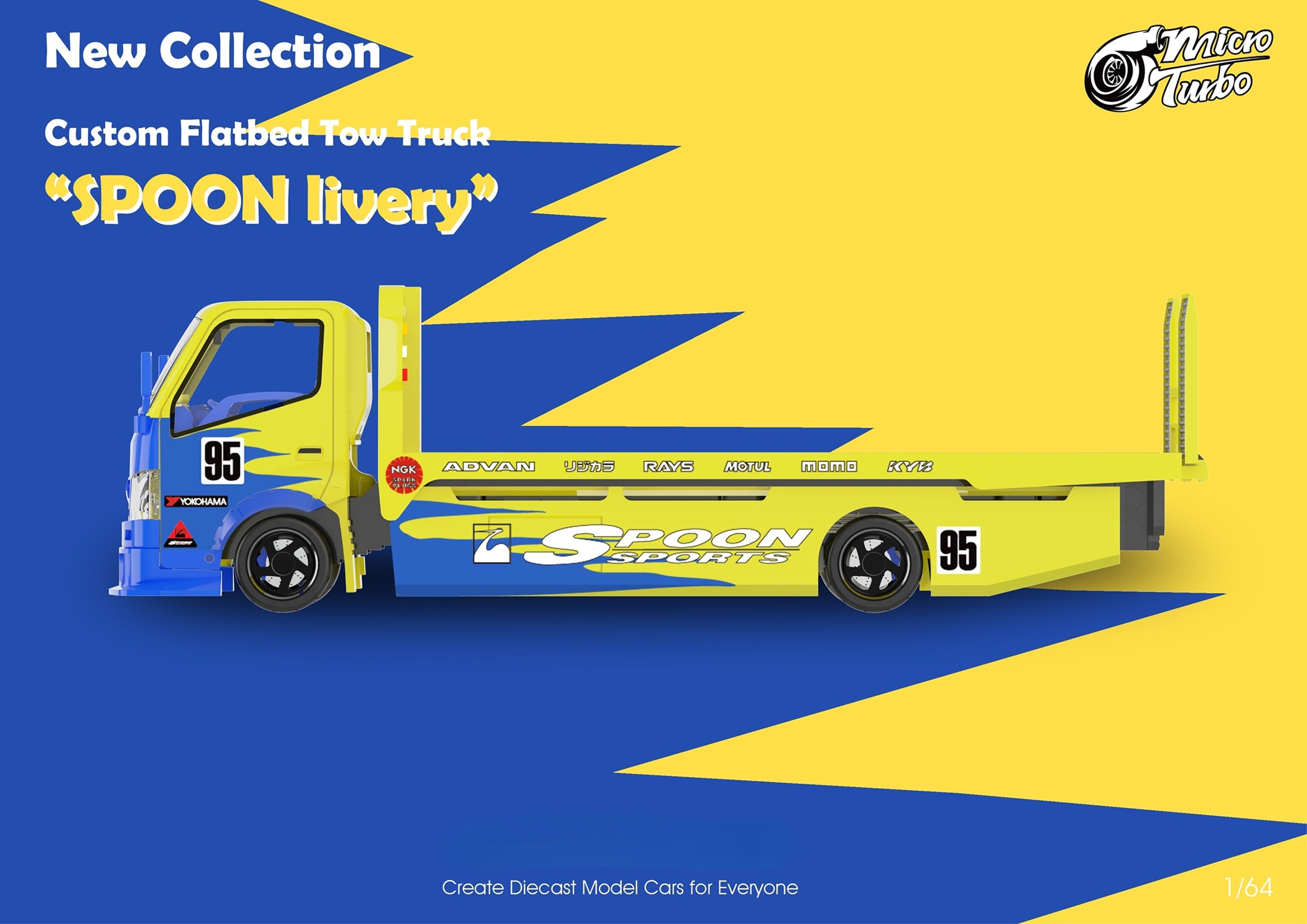 MicroTurbo HINO 300 Custom Flatbed Tow Truck Spoon Livery 1:64 - Collectors World Toys