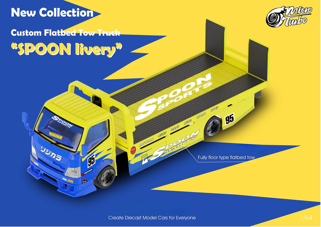 MicroTurbo HINO 300 Custom Flatbed Tow Truck Spoon Livery 1:64 - Collectors World Toys