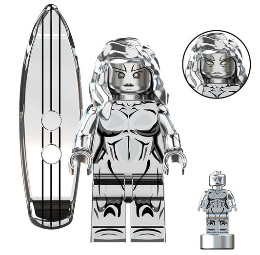 Cosmic Silver Heroine Custom Minifig – Female Space Surfer with Board (Fan-Made)