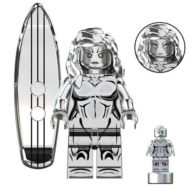 Cosmic Silver Heroine Custom Minifig – Female Space Surfer with Board (Fan-Made) - Collectors World Toys Hover Image