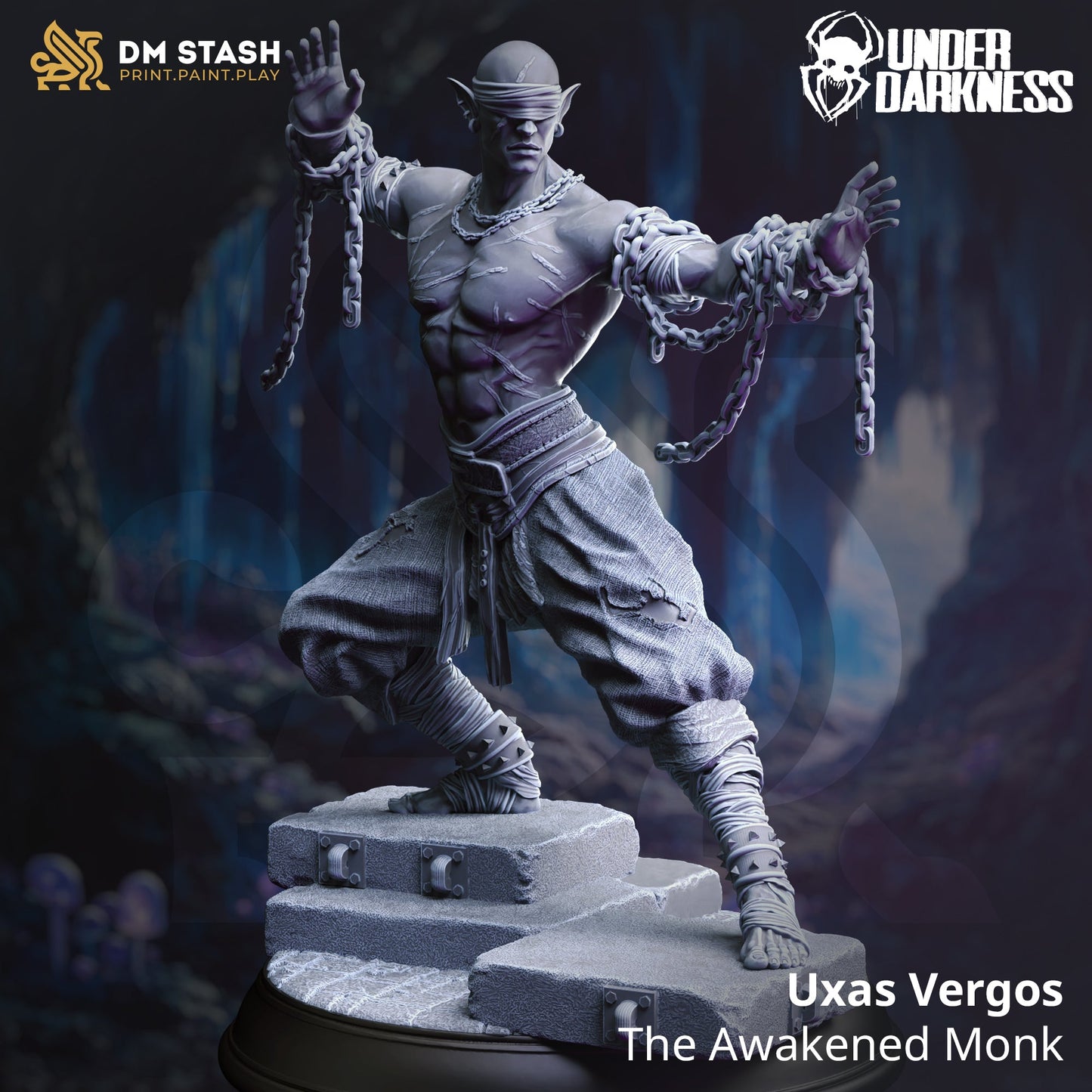 Uxas Vergos, The Awakened Monk (Male Drow Monk)