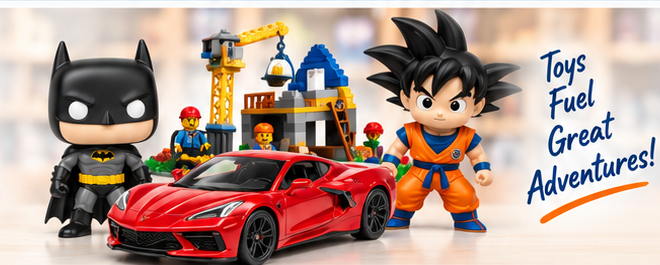 Collectible toys including a die-cast sports car, building set, and character figures